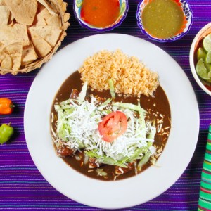 Mole enchiladas mexican food with chili sauces and nachos lemon